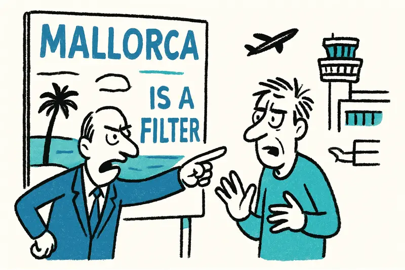 Plakat am Flughafen Palma: Wer trägt die Verantwortung für Mallorcas Image?