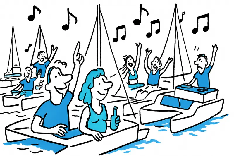Sieben Katamarane, eine Party — am Rande des Schutzgebiets